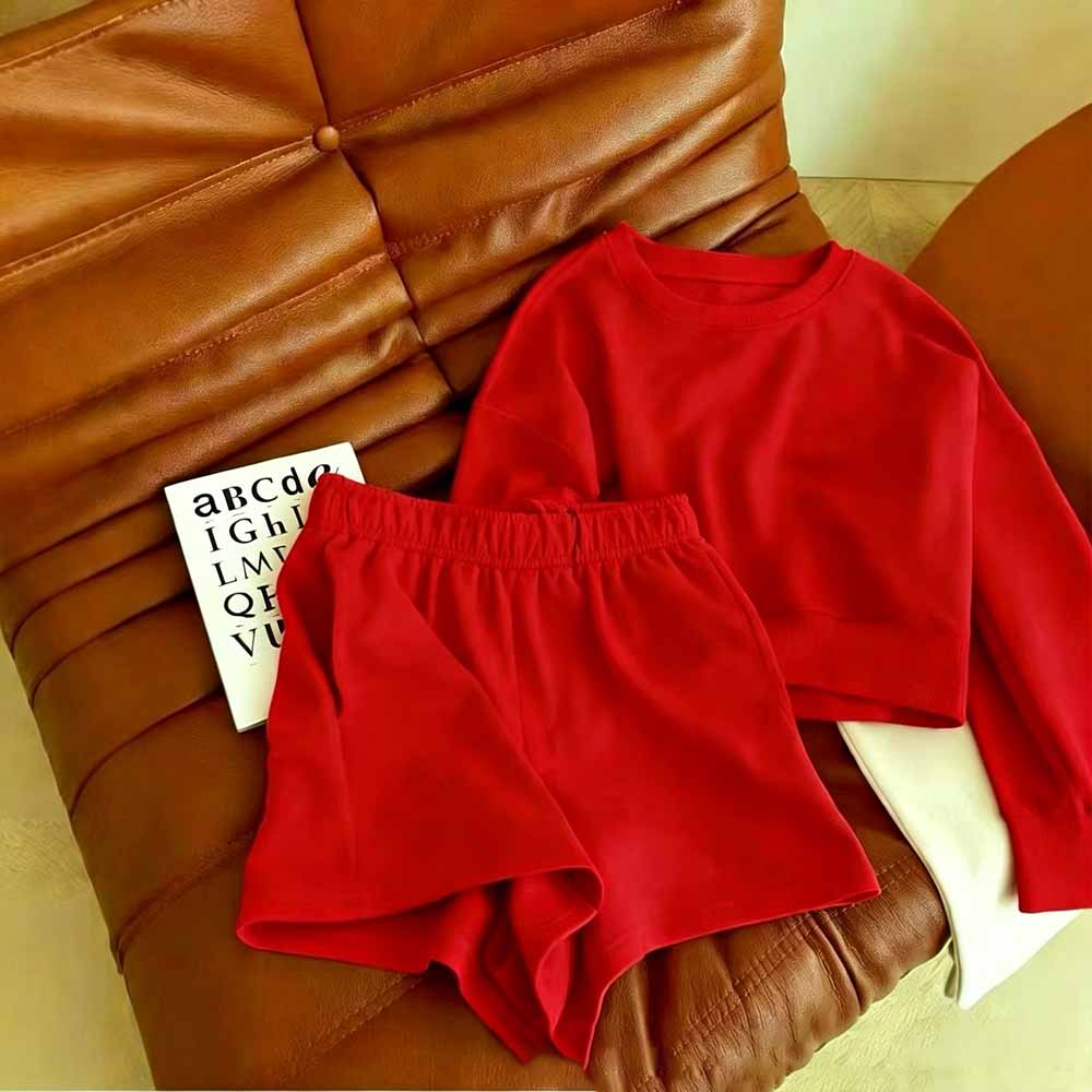 2026 new fashion round neck short sweater+elastic waist shorts sports suit