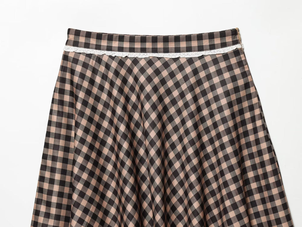 Women's lace decorative plaid MIDI skirt