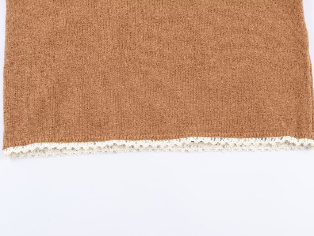 Women's lace headscarf decoration O Neck knitted sweater