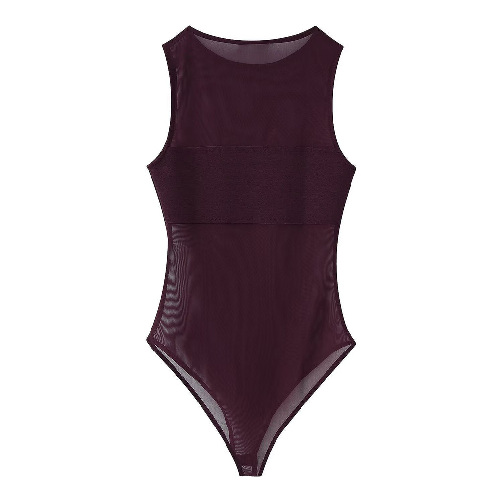 Women's sexy patchwork tulle bodysuit