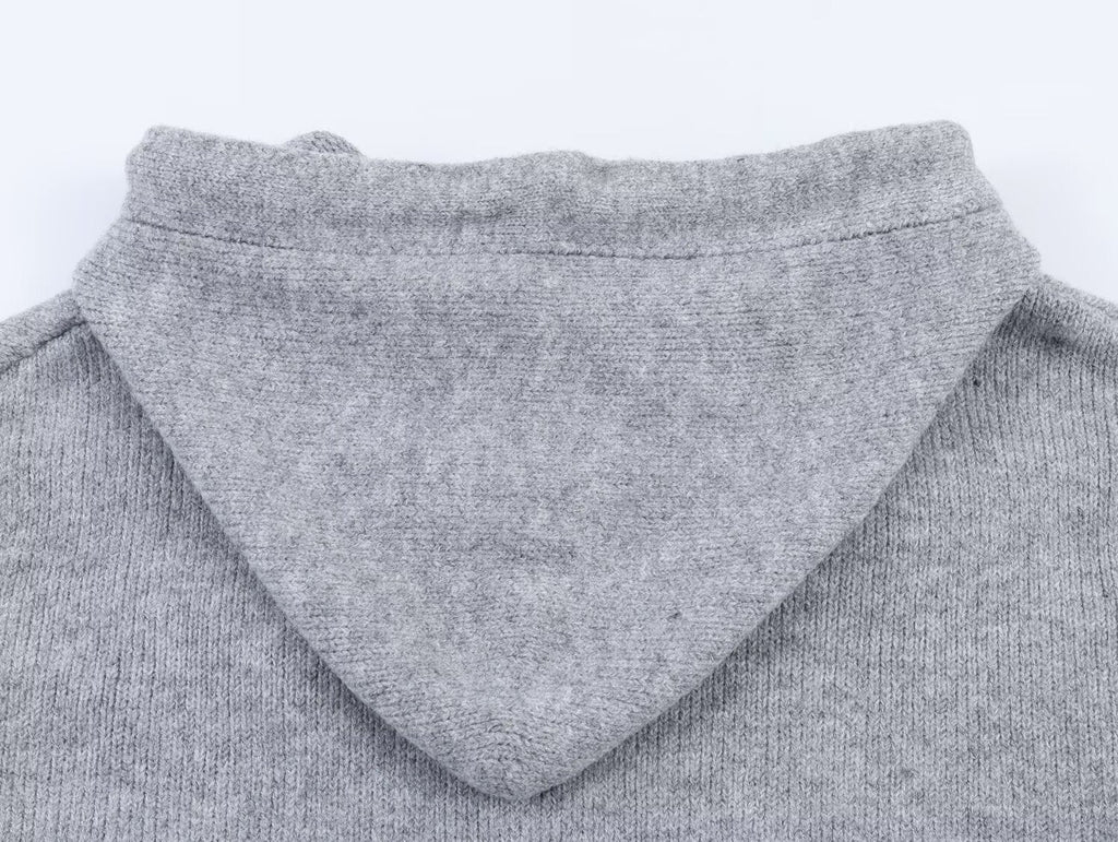 Women's hooded drawstring jacquard knitted cardigan