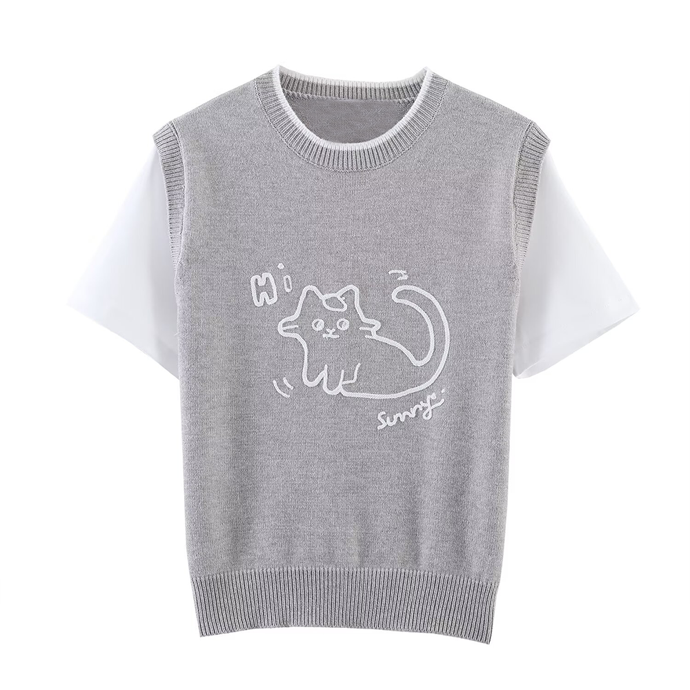 Women's three-dimensional embroidery spliced knitted shirt