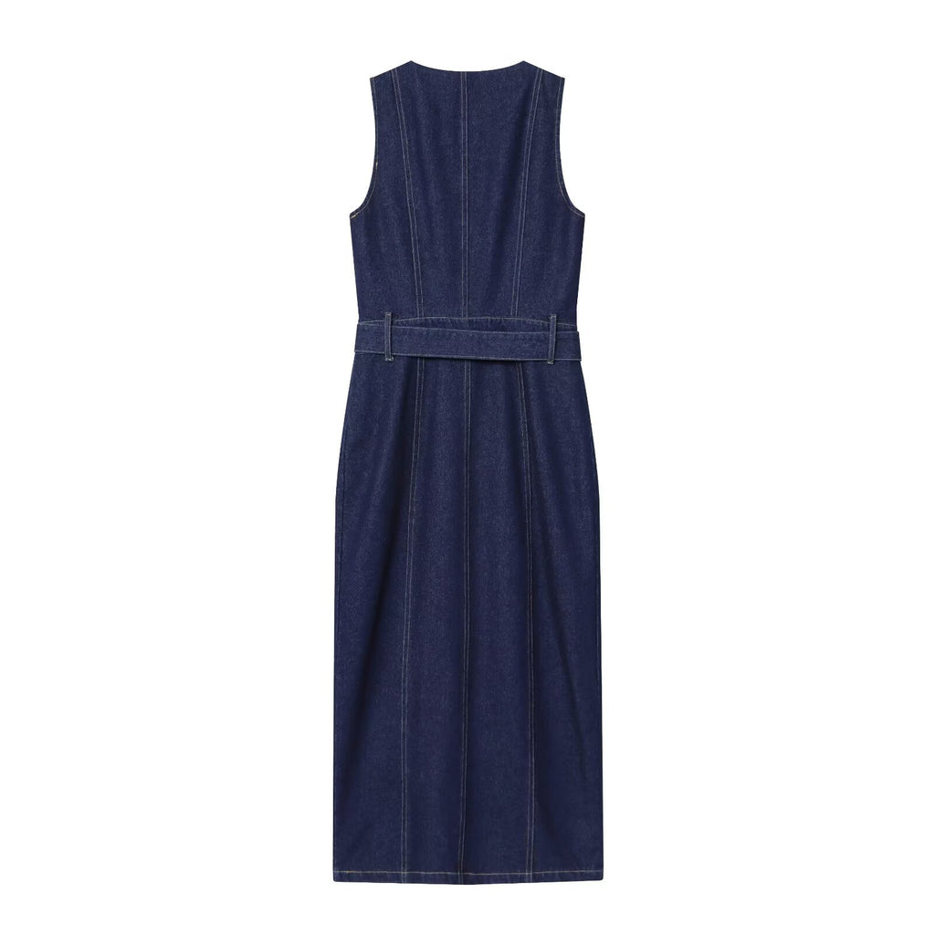 Women's new fashion with Belt slim O Neck denim Midi dress