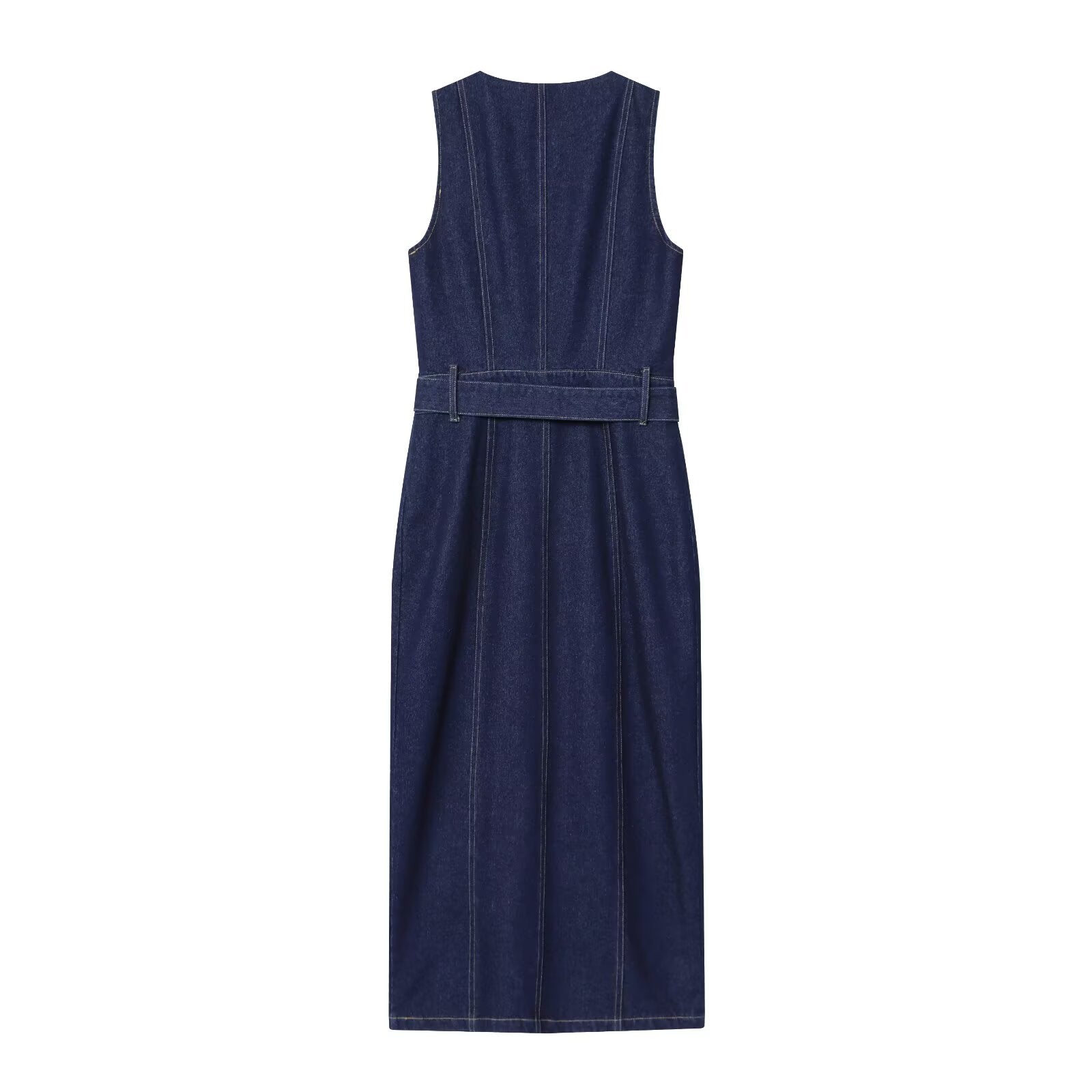Women's new fashion with Belt slim O Neck denim Midi dress