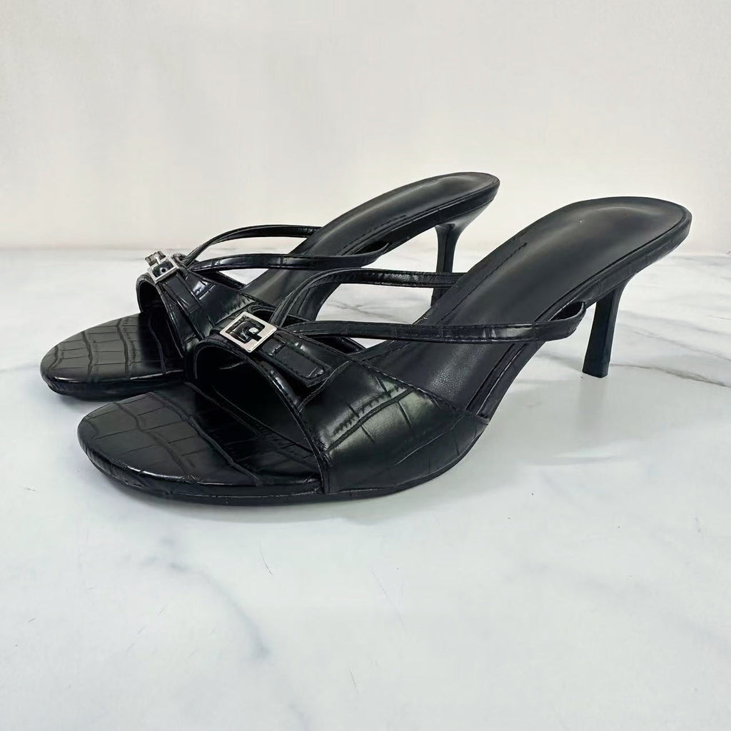 Women's 2025 New Fashion Joker Crocodile High-heeled Stilettos with Round Head Buckle Sandals.