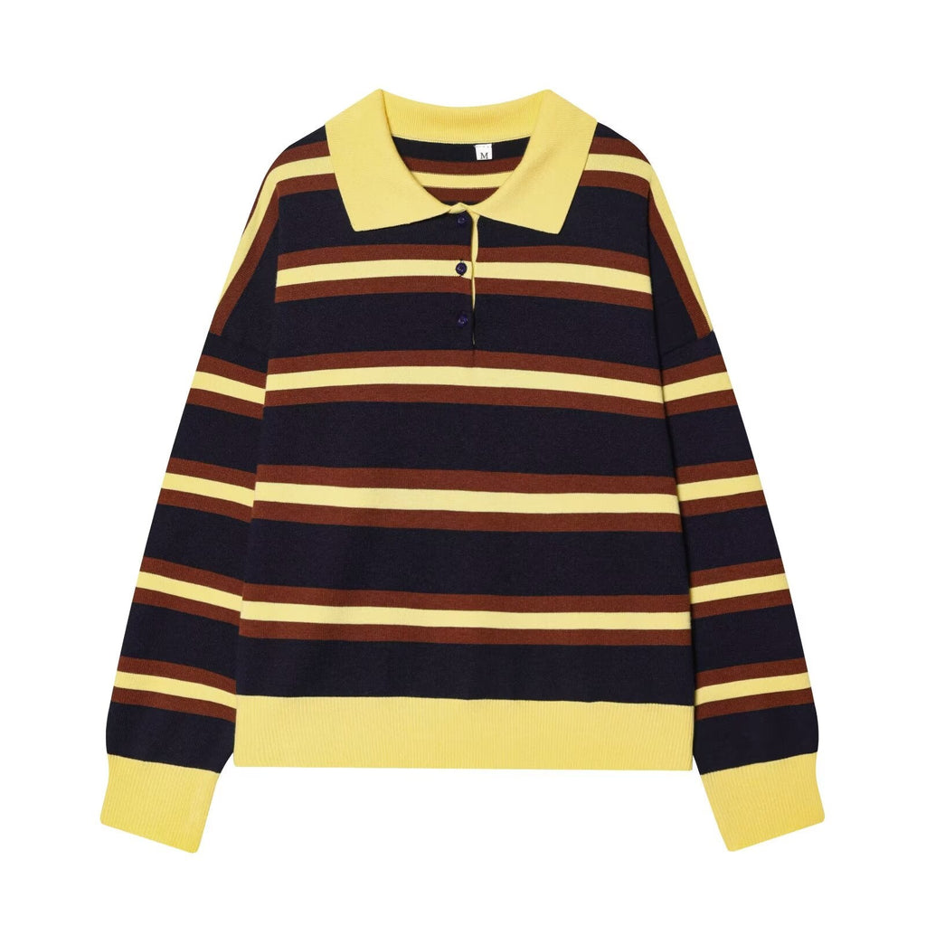 Women's new Lapel striped knitted sweater