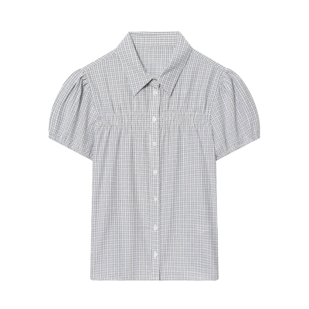 Women's short sleeved plaid elastic poplin shirt