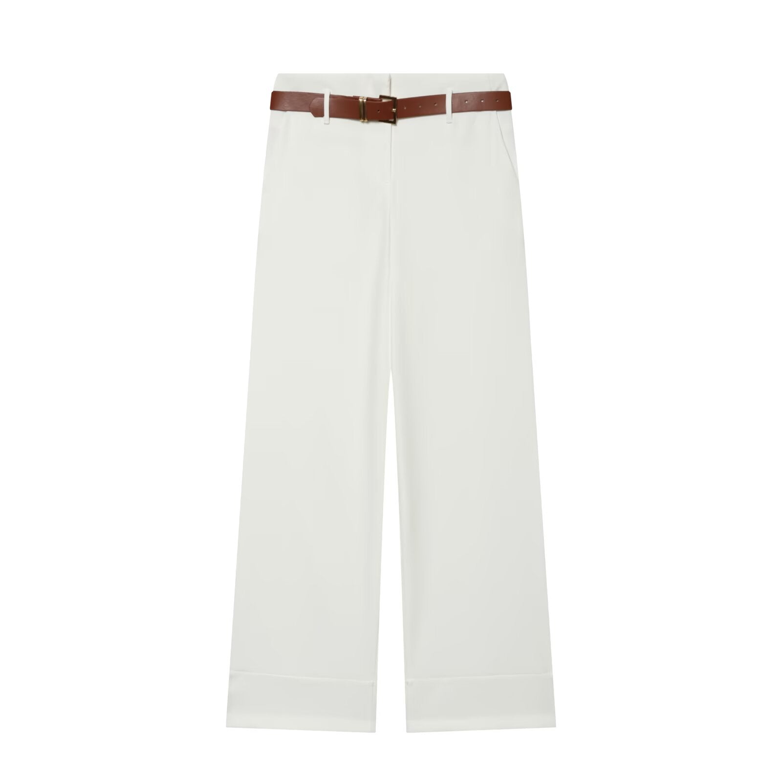 Women's With Belt high waisted straight leg rolled edge pants