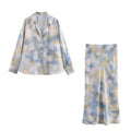 set woman 2 pieces2025 Fashion Print Blouses Vintage Female + high waist trousers Women's suit