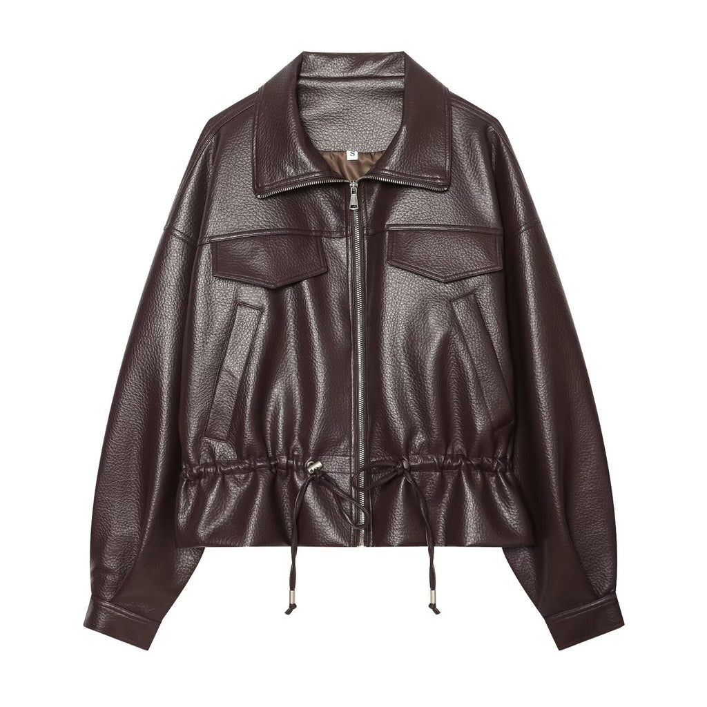 Women's with drawstring casual faux leather jacket