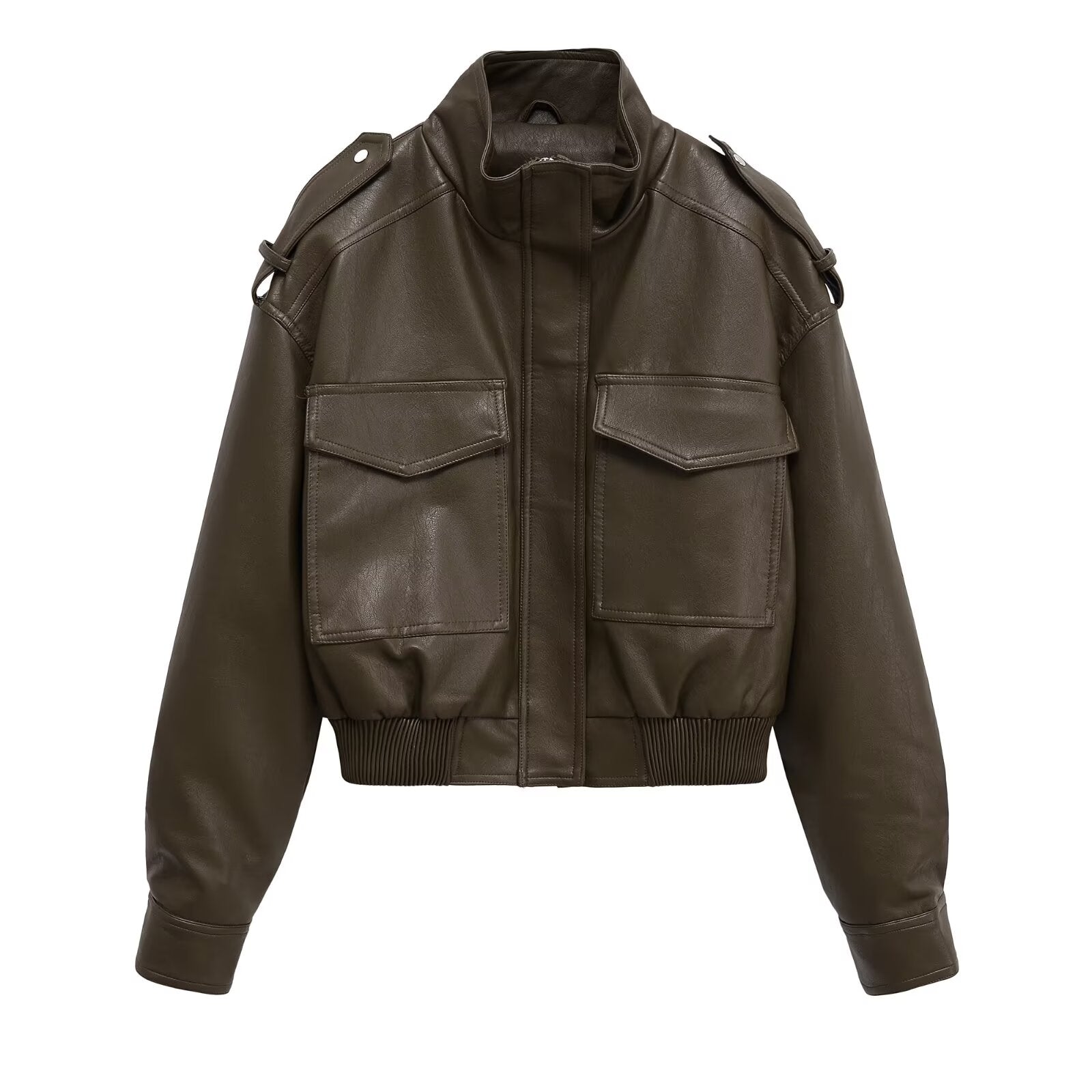 Women's short standing collar Faux Leather jacket Coat
