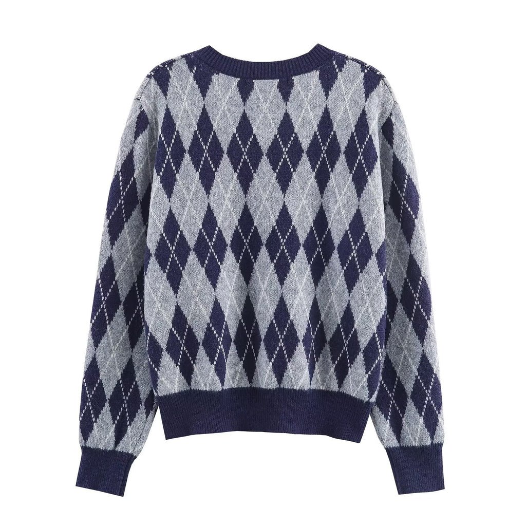 Women's comfortable casual O Neck argyle knitted sweater