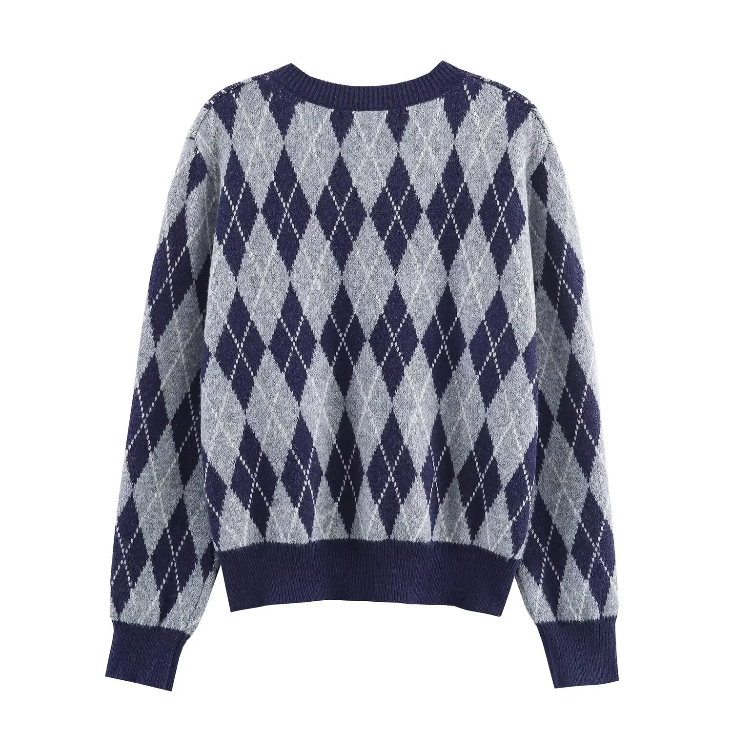 Women's comfortable casual O Neck argyle knitted sweater