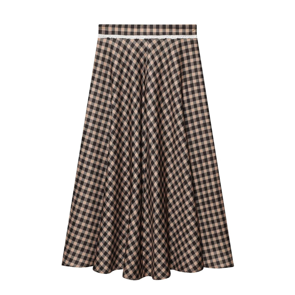 Women's lace decorative plaid MIDI skirt