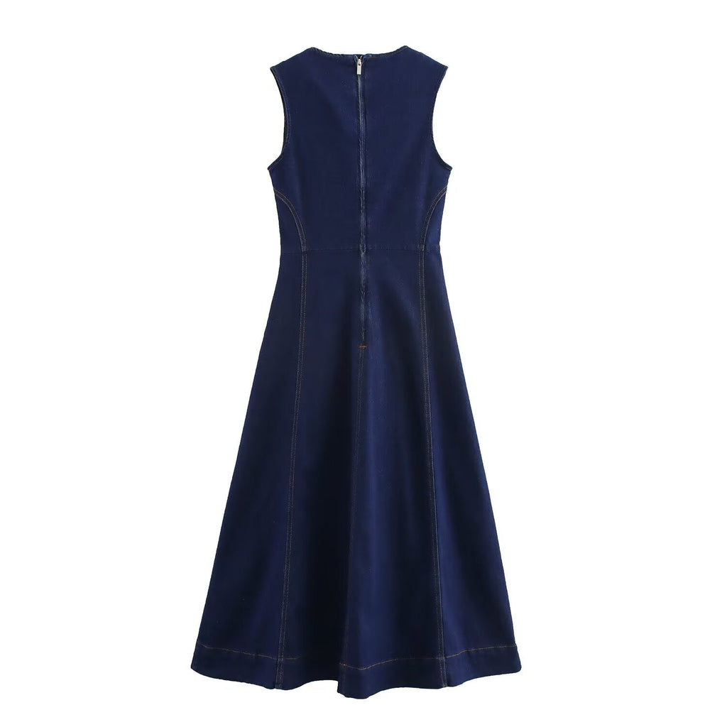 Women's new chic Fashion slim fit casual versatile wide pleated denim Midi dress retro round neck long sleeved women's dress Mujer