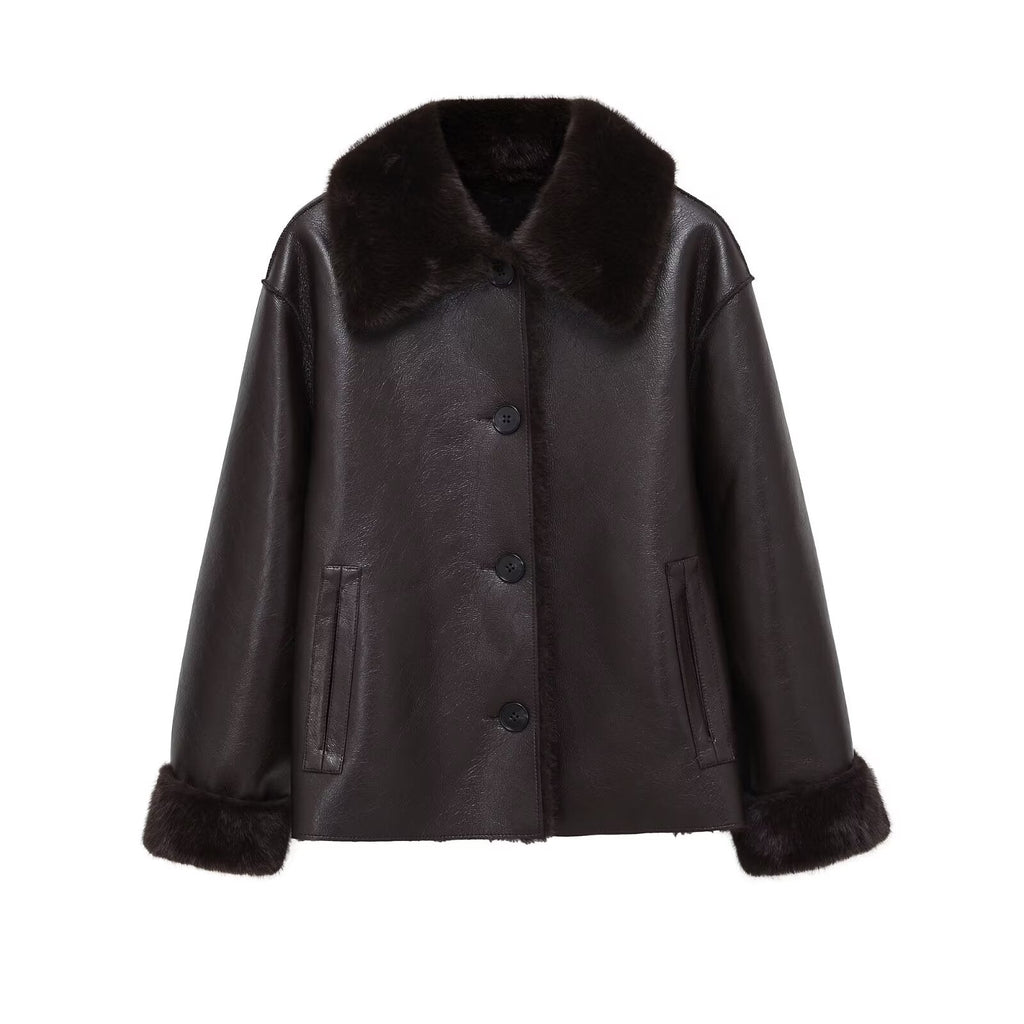 Women's faux fur effect double-sided Faux Leather jacket Coat