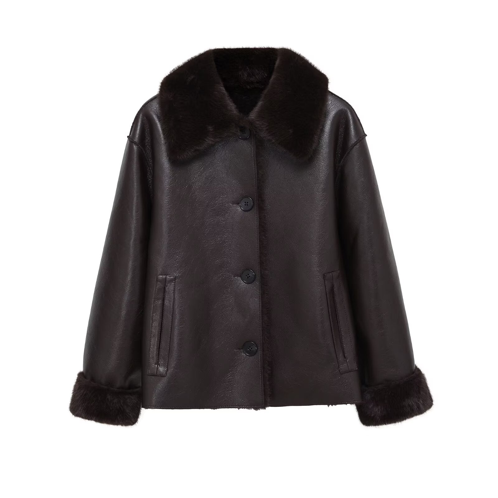 Women's faux fur effect double-sided Faux Leather jacket Coat