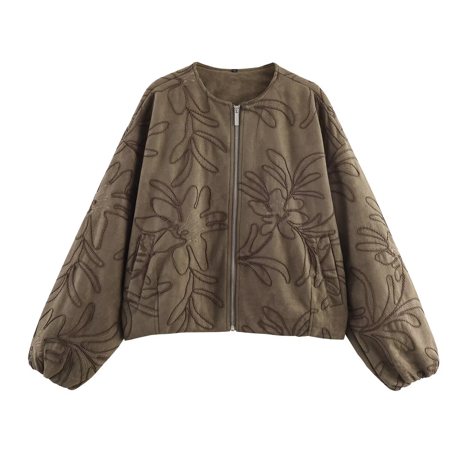 Women's embroidered suede texture O Neck pilot jacket Coat