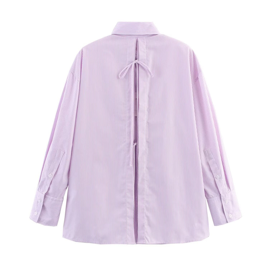 Women's new fashion back bow decoration poplin striped shirt