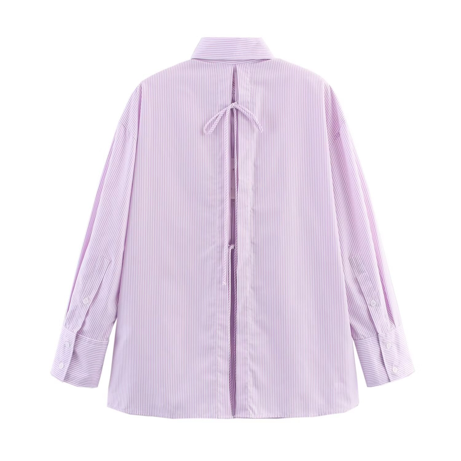 Women's new fashion back bow decoration poplin striped shirt