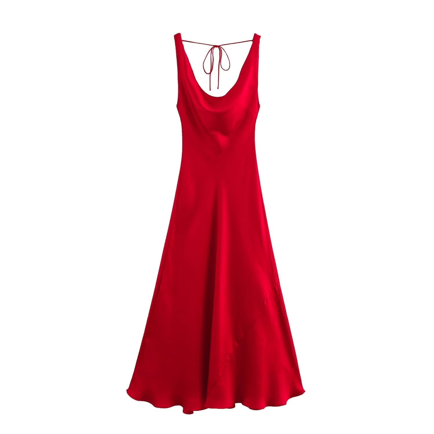 Women's new Fashion pleated decoration sexy slim fit satin texture backless Midi dress retro sleeveless lace up women's dress Mujer