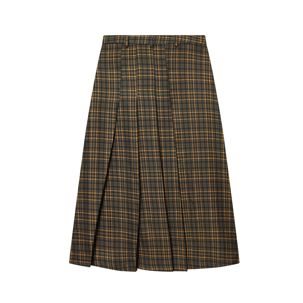 Women's button decoration pleated plaid MIDI skirt