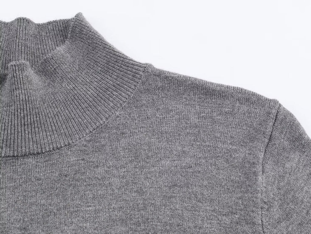 Women's buckle decoration slim stand collar knitted sweater