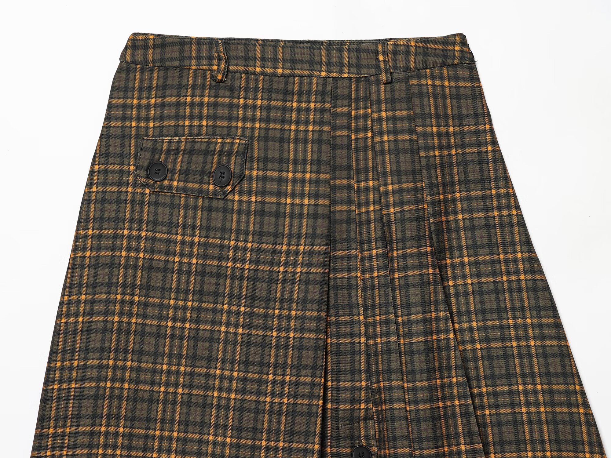 Women's button decoration pleated plaid MIDI skirt