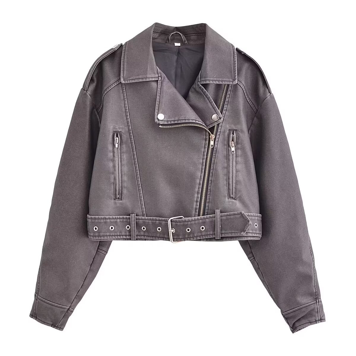 Women's with Belt short Faux Leather jacket Coat