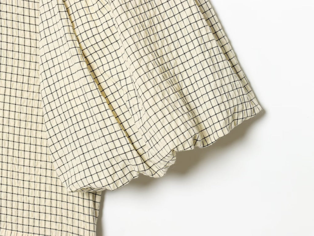 Women's O Neck balloon sleeve checkered top