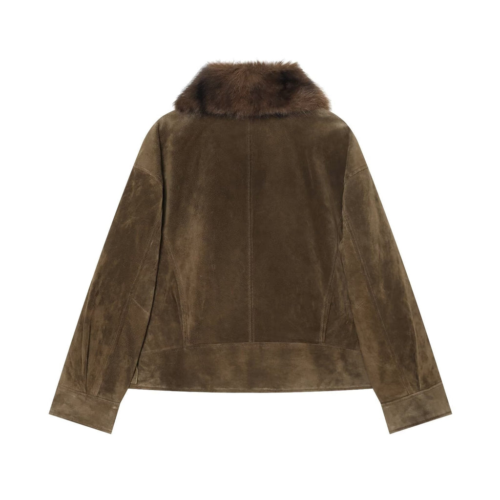 Women's fur collar patchwork leather cotton jacket Coat
