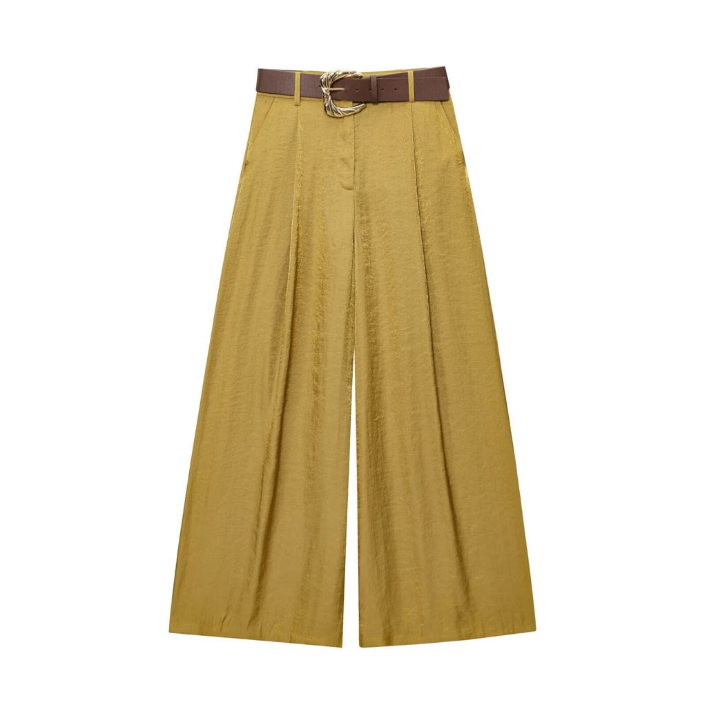 Women's chic Fashion With Belt loose satin texture wide leg pants