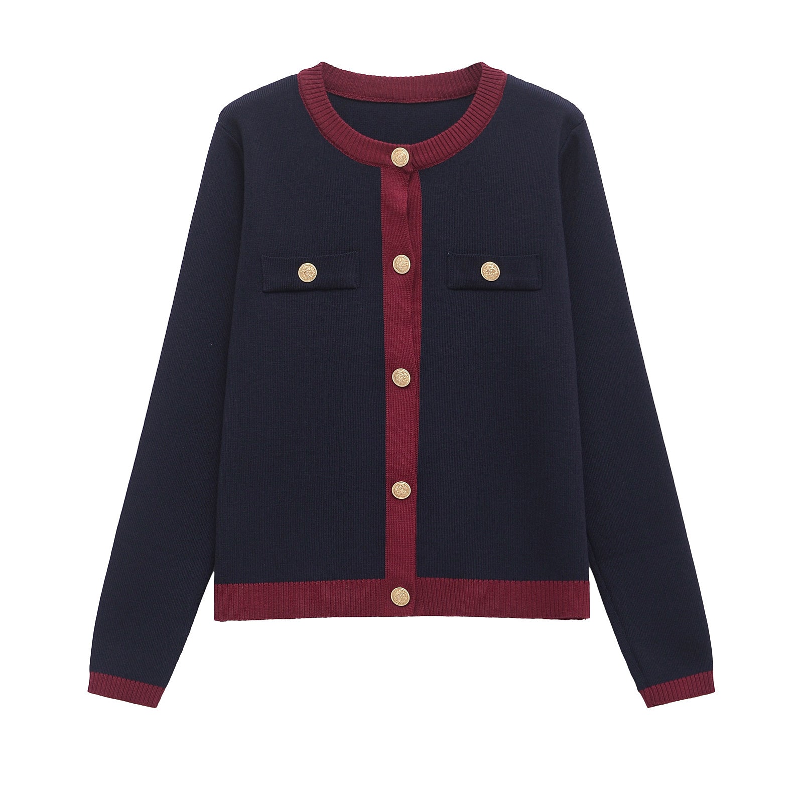 Women's new versatile fashion O-neck gold button knitted long sleeve cardigan