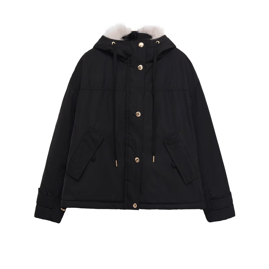 Women's faux fur effect hooded short parka coat
