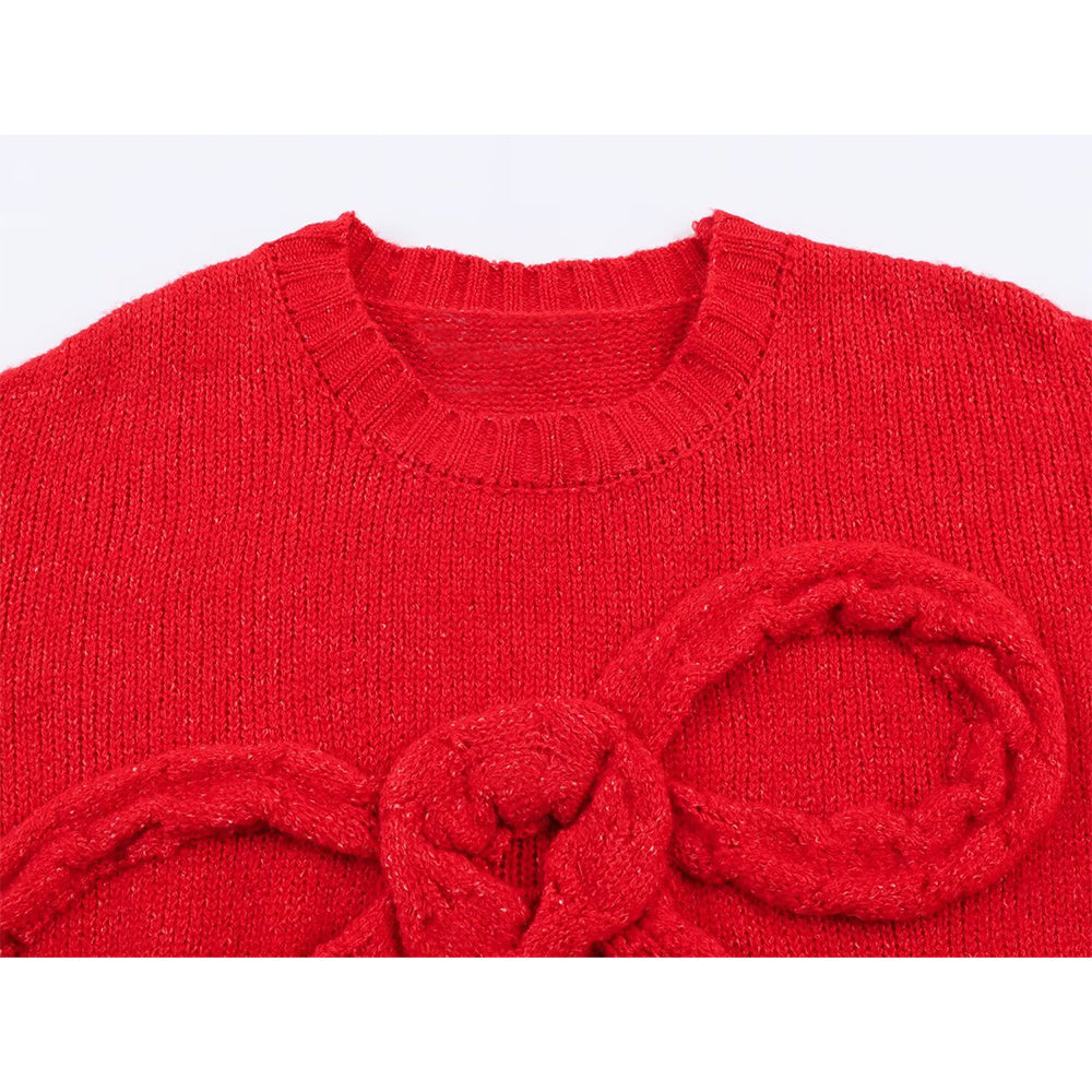 Women's bow decoration O Neck knitted sweater