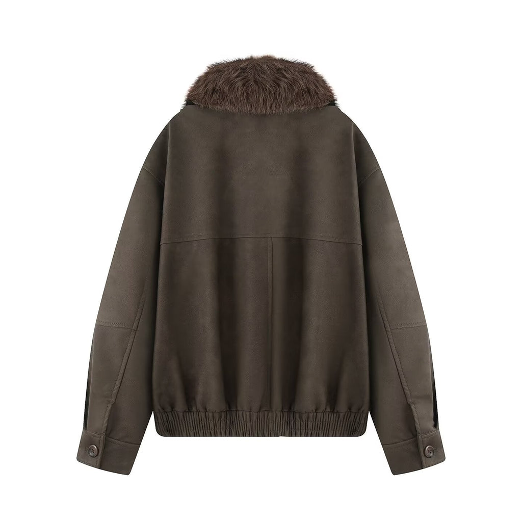 Women's detachable fur collar casual Anti suede effect jacket
