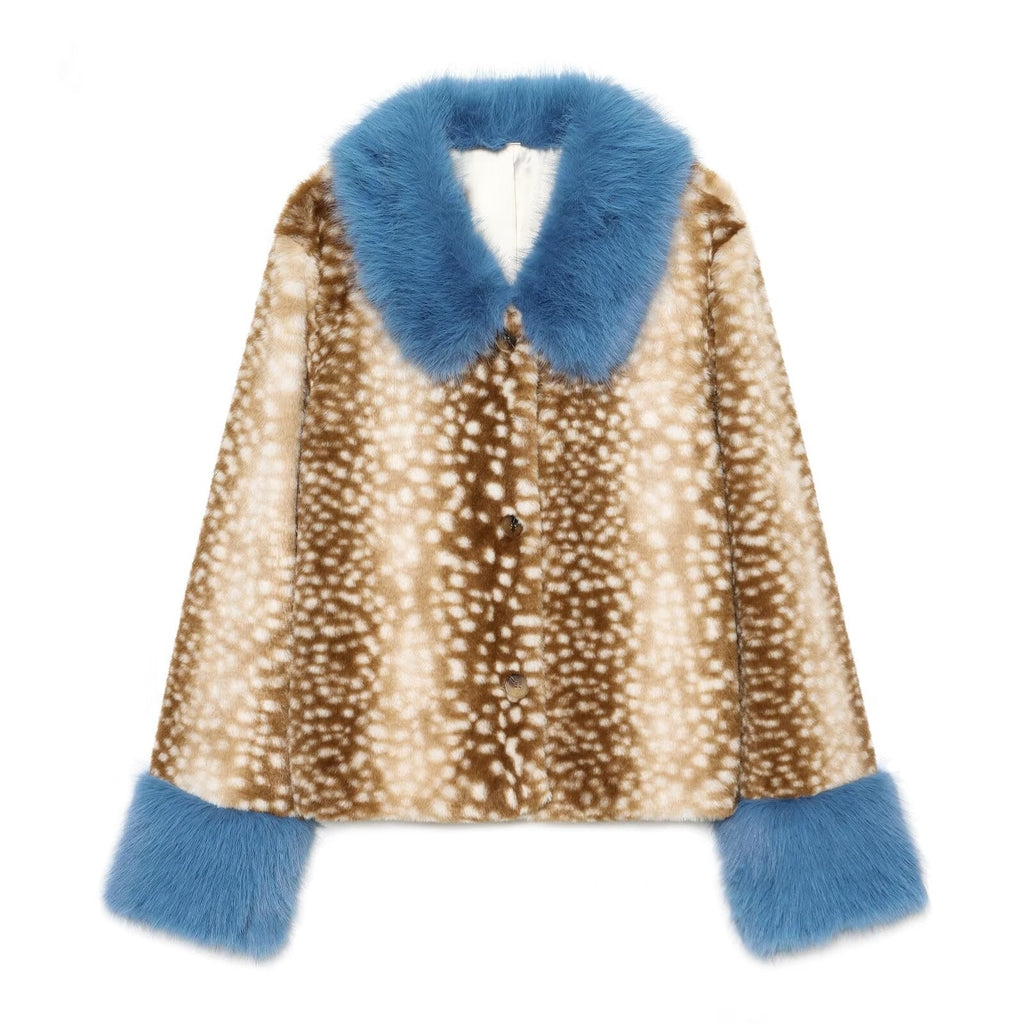 Women's spotted fur-trimmed patchwork coat