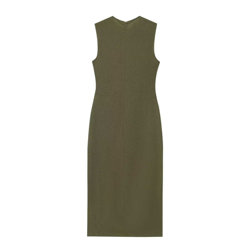 Women's New Fashion With Belt Linen Blended Sleeveless Midi Dress