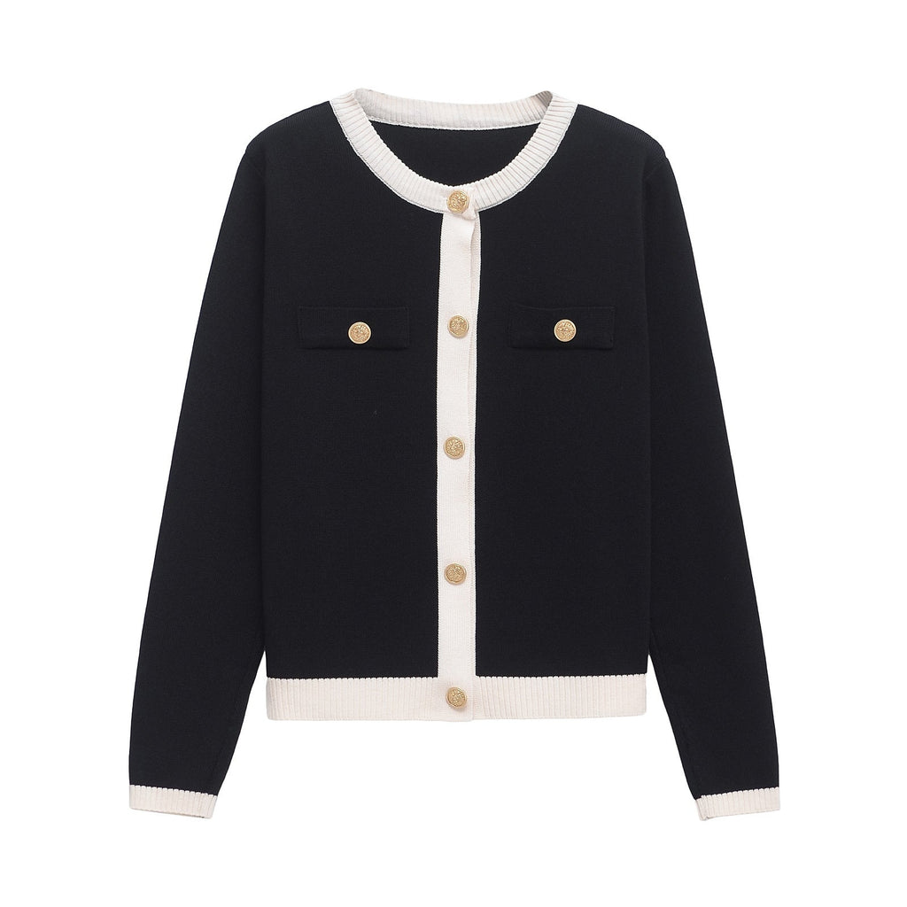 Women's new versatile fashion O-neck gold button knitted long sleeve cardigan