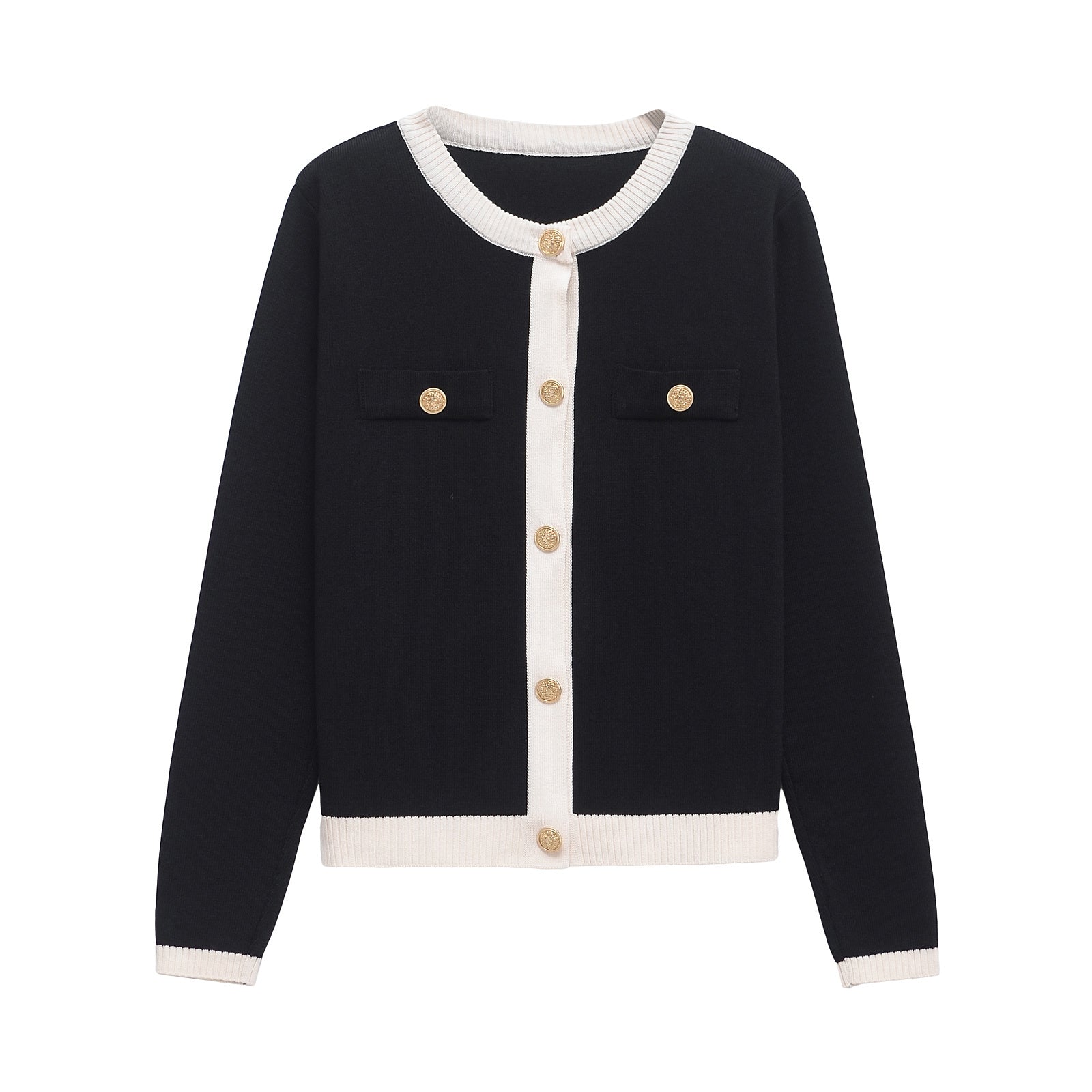 Women's new versatile fashion O-neck gold button knitted long sleeve cardigan