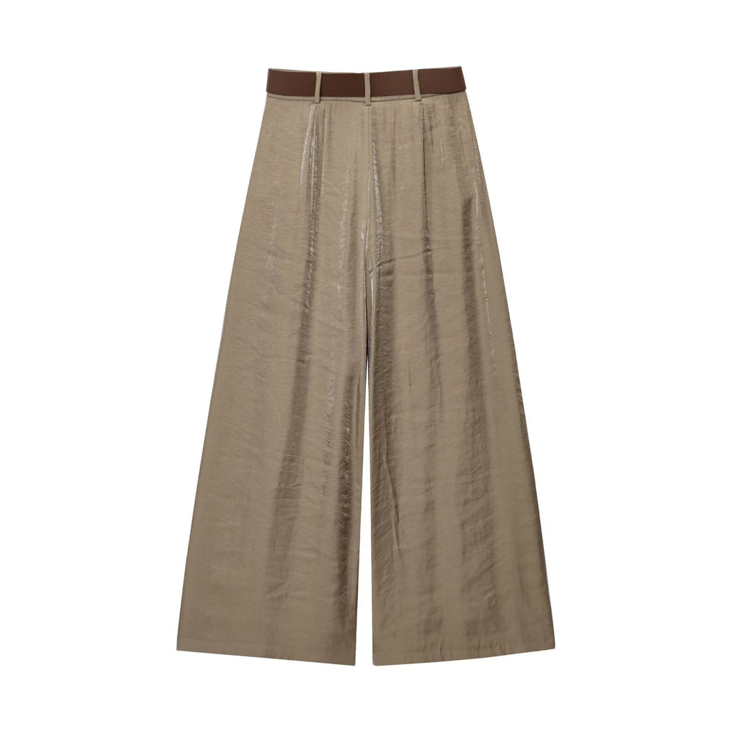 Women's chic Fashion With Belt loose satin texture wide leg pants