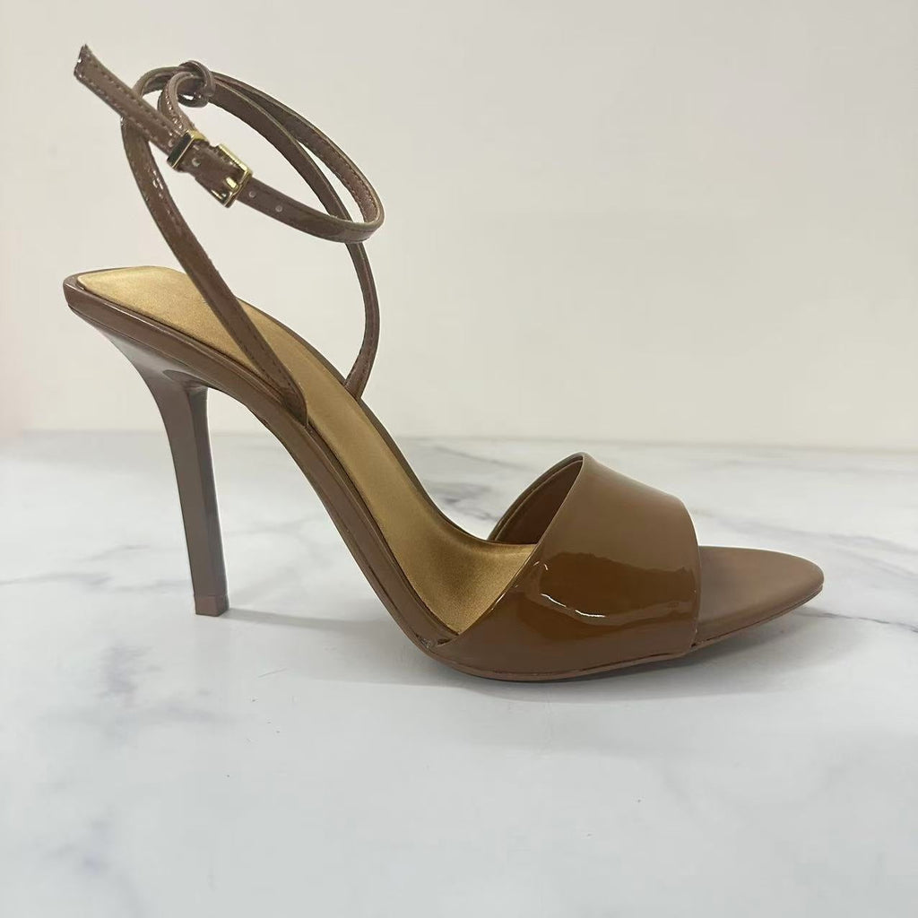 Women's 2025 New Fashion Joker Patent Leather Effect Small Round Head Strap High-heeled Sandals.