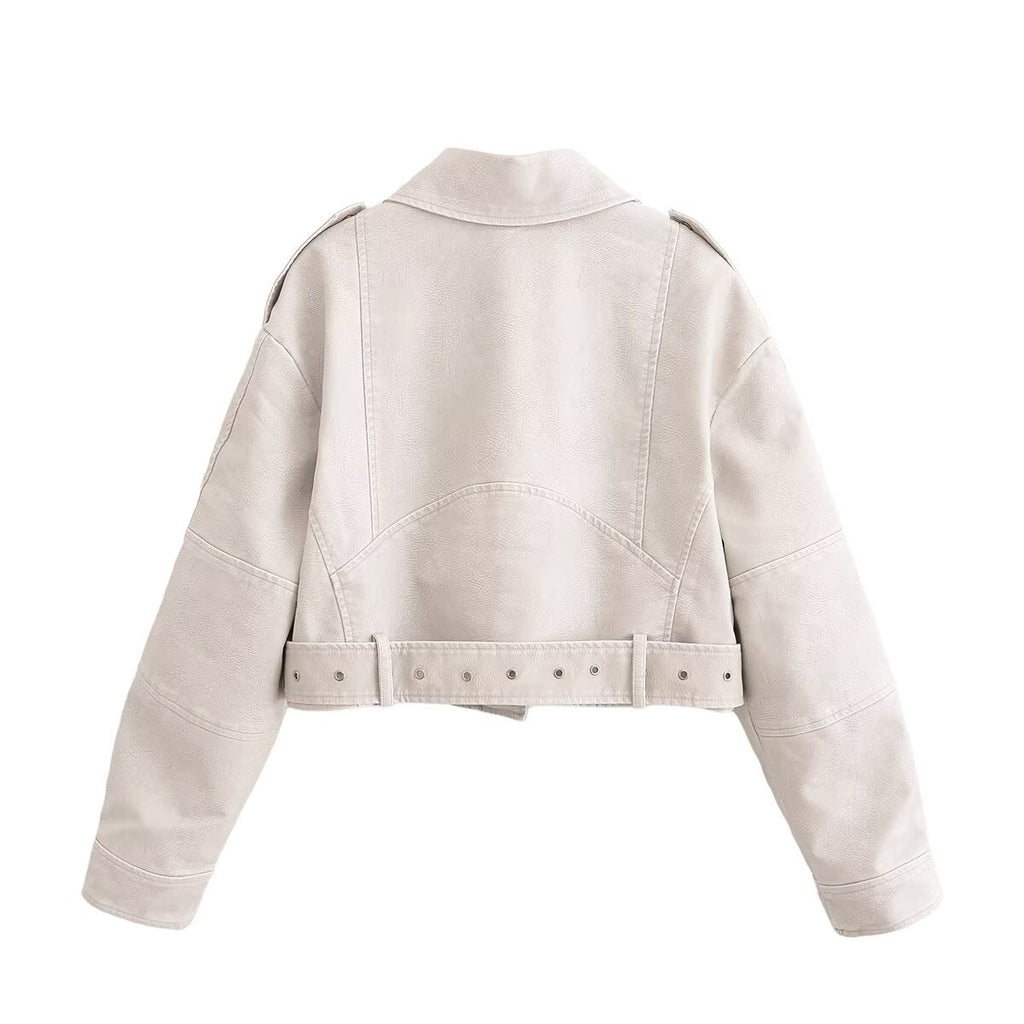 Women's with Belt short Faux Leather jacket Coat