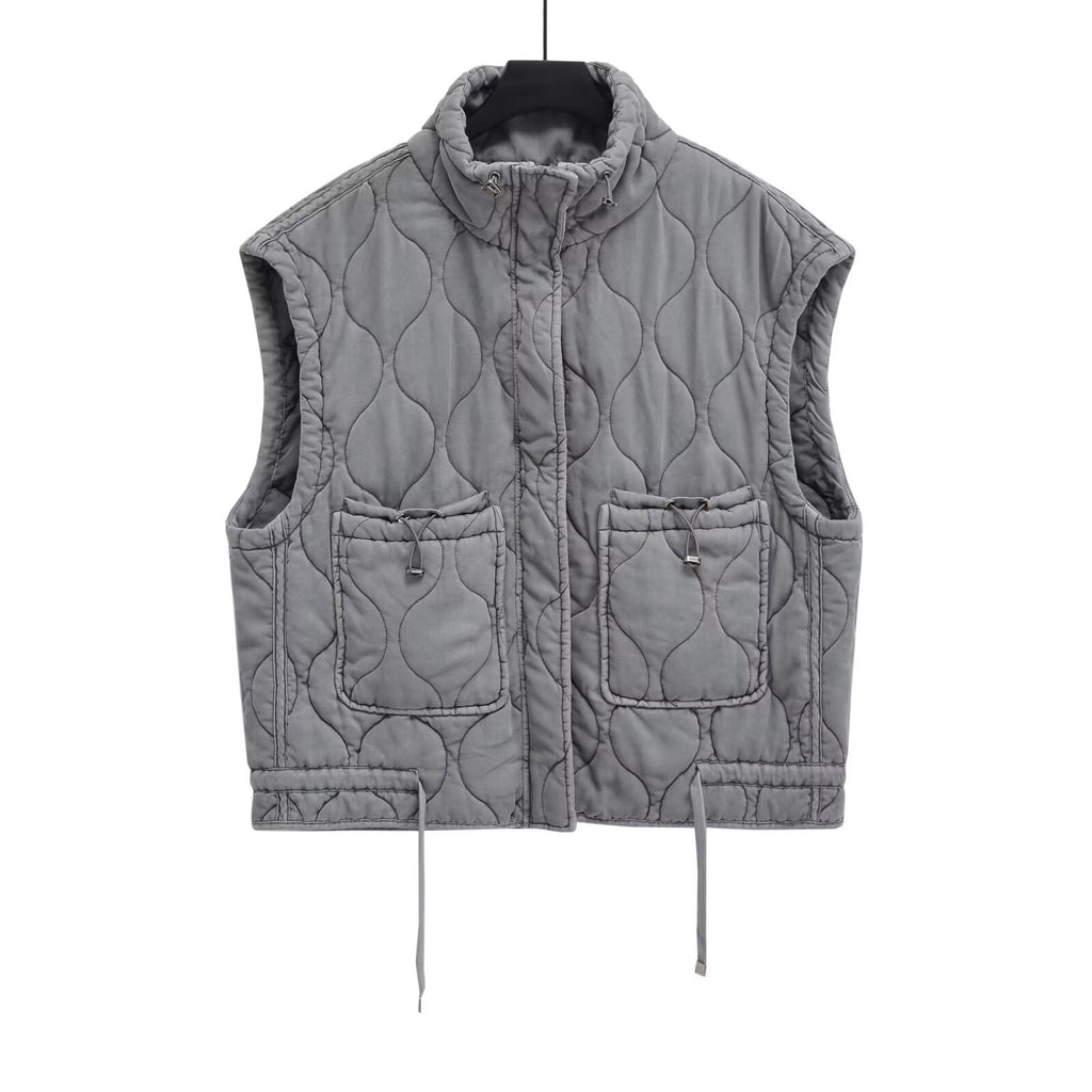 Women's loose Standing collar washed cotton vest
