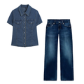 suit Women's 2 pieces short sleeved denim shirt+low waist wide leg jeans