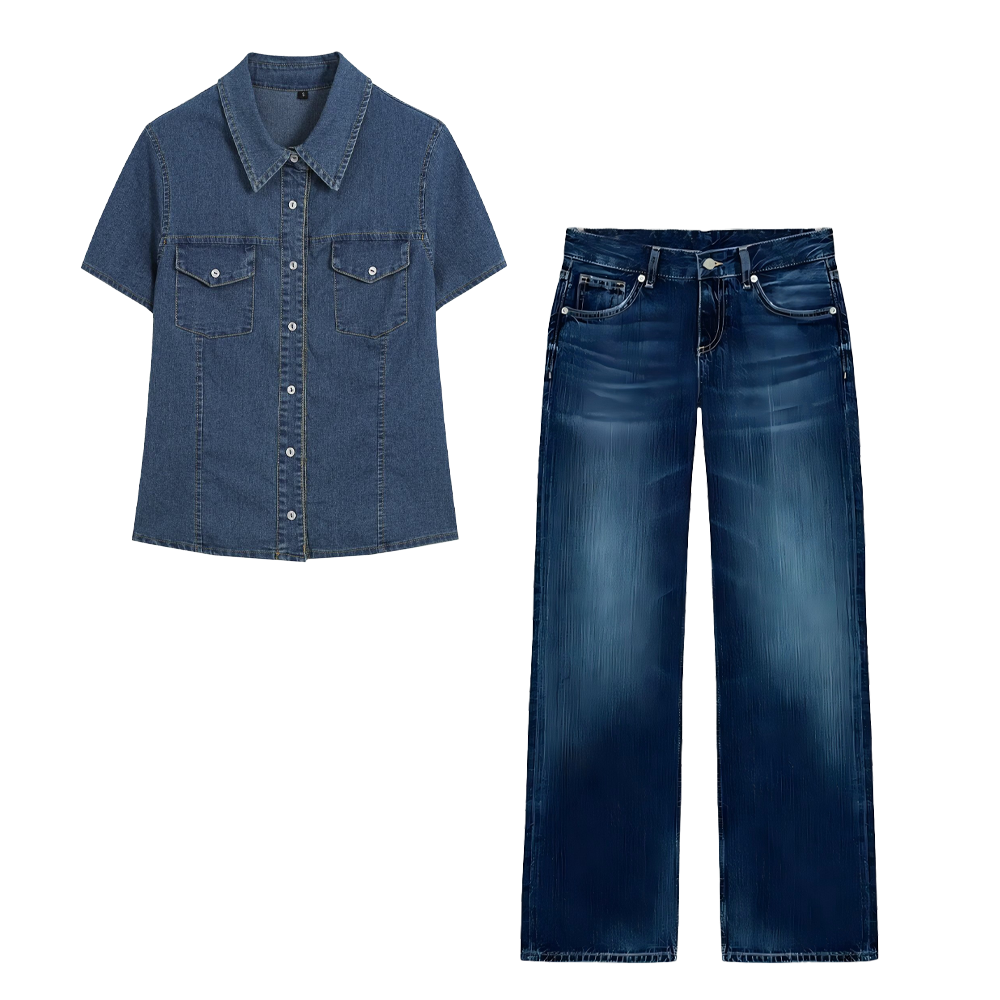 suit Women's 2 pieces short sleeved denim shirt+low waist wide leg jeans