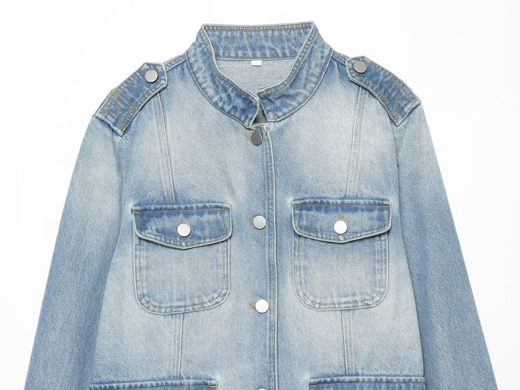 Women's long sleeved stand collar denim jacket