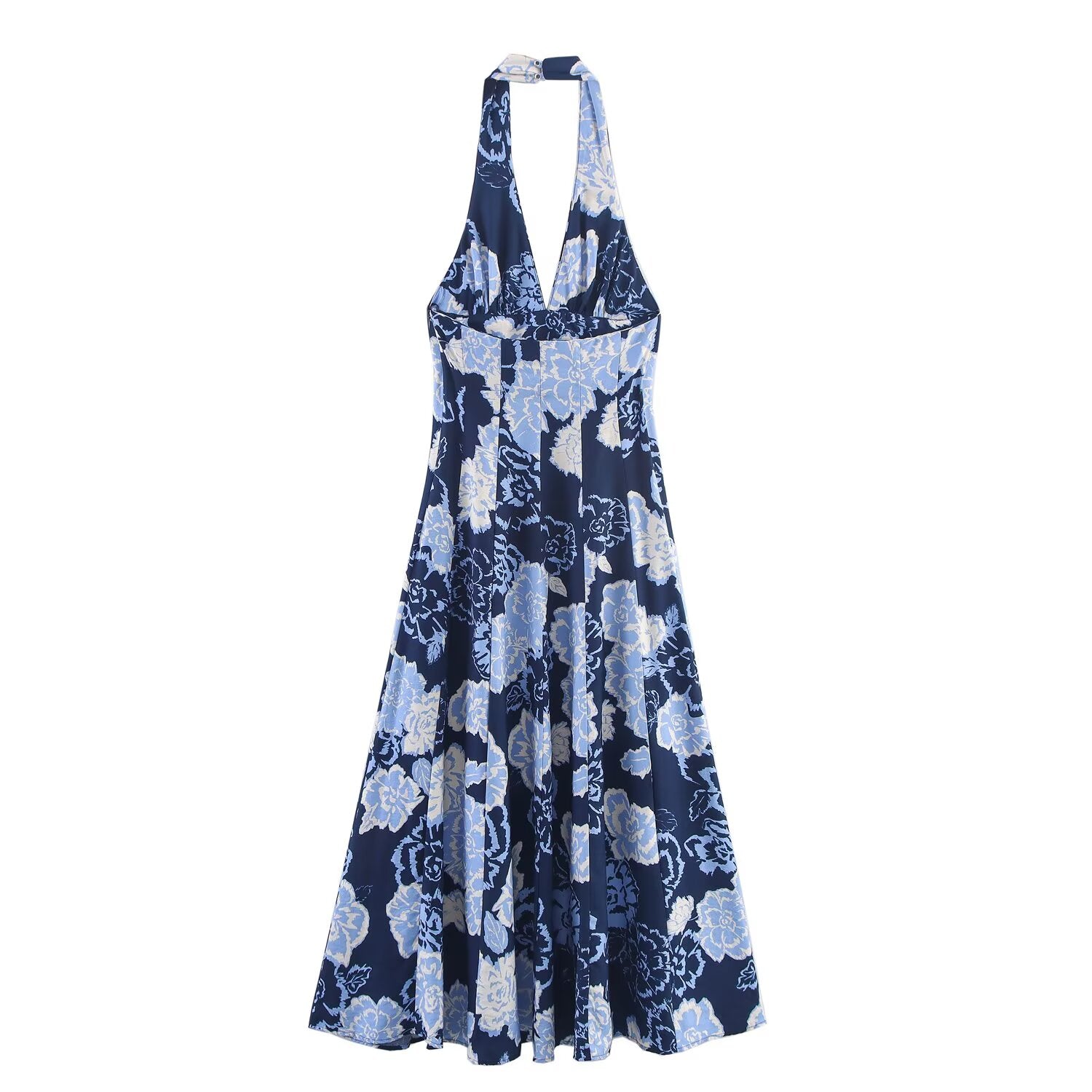 Women's new fashion printed backless hanging neck MIDI dress