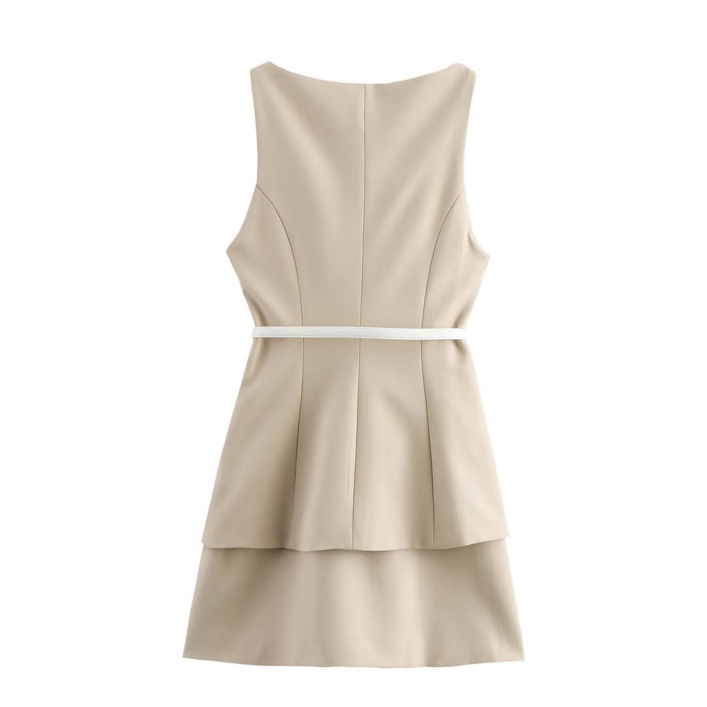 Women's new chic fashion With Belt slim fit splicing two-piece set style sleeveless mini dress retro round neck women's dress Mujer