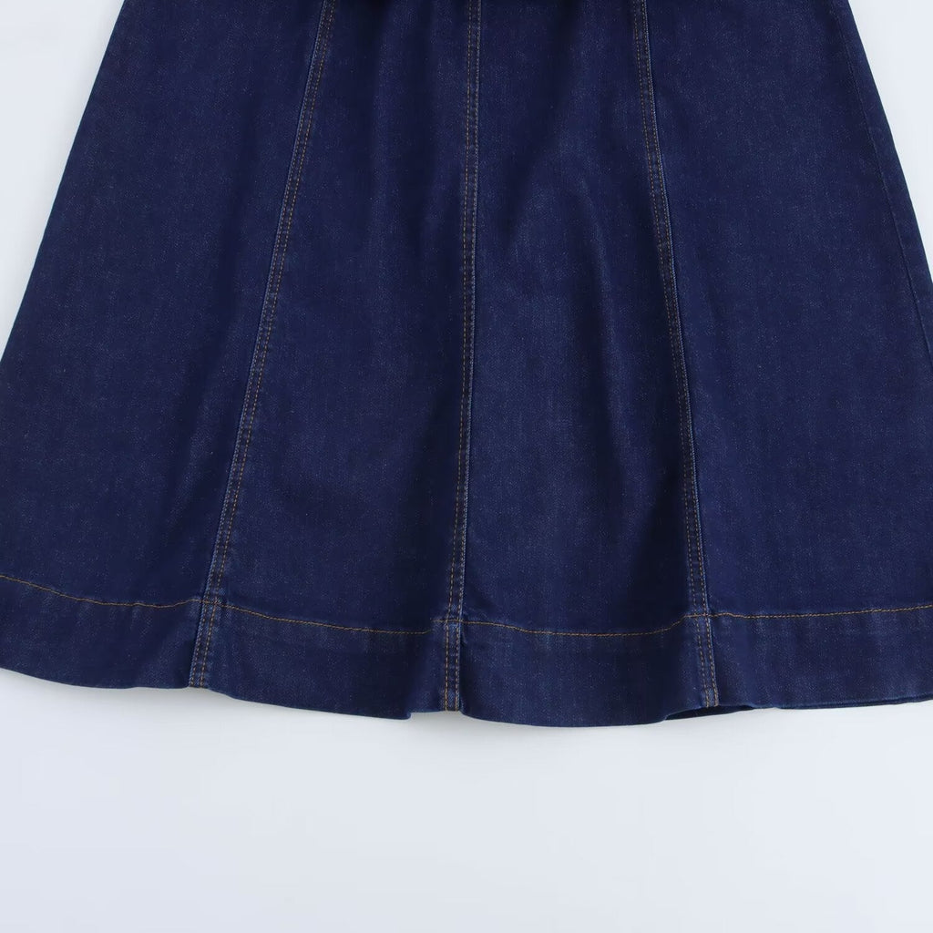 Women's new chic Fashion slim fit casual versatile wide pleated denim Midi dress retro round neck long sleeved women's dress Mujer